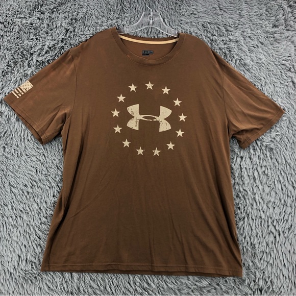 Under Armour Tshirt Mens 2XL UA Brown Regular Logo Star Freedom Brown Shirt 🎃 - Picture 1 of 12